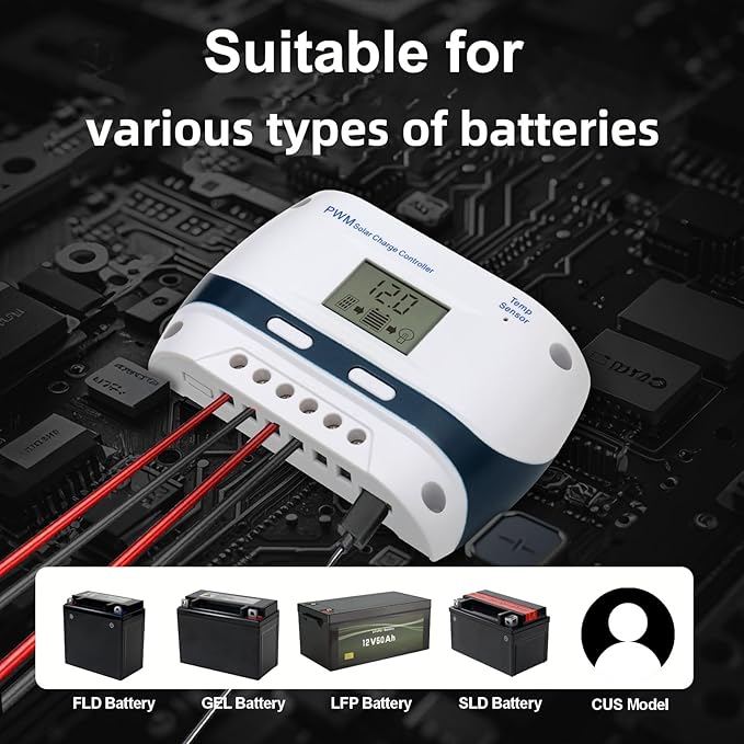 10A 30A Solar Charge Controller 12V/24V PWM Solar Charge Controller with LCD Display USB Port Suitable for FLD/LiFePO4/SLD/GEL