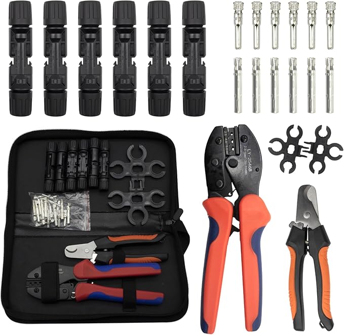 Solar PV Panel Crimping Tool Kit With Wire Stripper, 6 Pairs Solar Connectors, 1 PCS Iron Wire Cable Cutter, 1 Pair Solar Spanner Wrenches