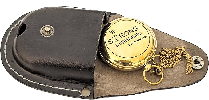 Brass Antique Sundial Compass with Leather Case | Push Button 5 Cm Dia Antique Finish Vantage Compass with Long Chain | Birthday Gift, Baptism Compass
