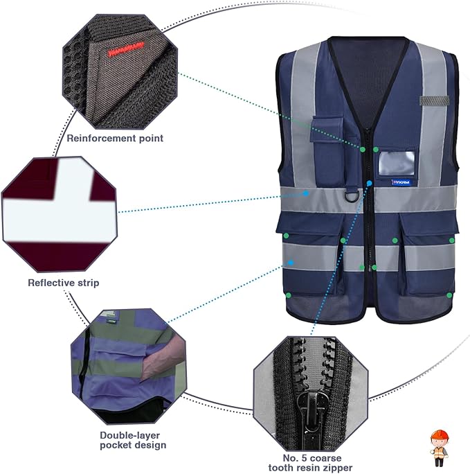 Reflective Security Safety Vests Heavy Duty with 7 Pockets and Front Zipper