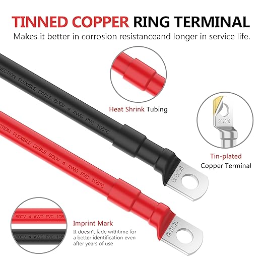 VOLTWORKS 4 AWG Gauge Red + Black Pure Copper Battery Inverter Cables Solar, RV, Car, Boat 4ft 3/8 in Lugs