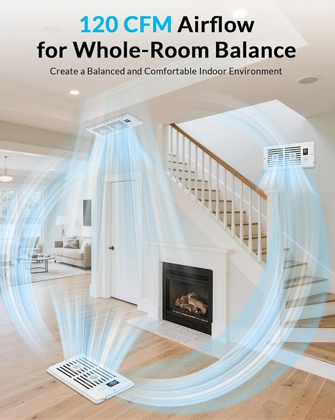 Register Booster Fan for 4” x 12” Air Registers, Quiet Operation, Helps Improve Heating & Cooling Airflow, 10-Speed Smart Vent Booster Fan with Remote for Bedrooms, Living Rooms & Older Homes