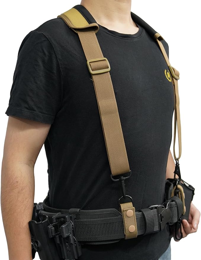 KUNN Tactical Duty Belt Suspenders with Metal Hook,Men Padded Police Harness for Duty Belt,Khaki