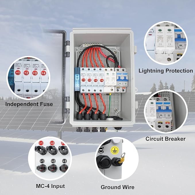 Transparent 4 String Solar Combiner Box, 550V DC Breaker, Integrated Lightning Arrester, and 15A Fuse - Ideal for Residential Solar Systems with Easy Maintenance Access