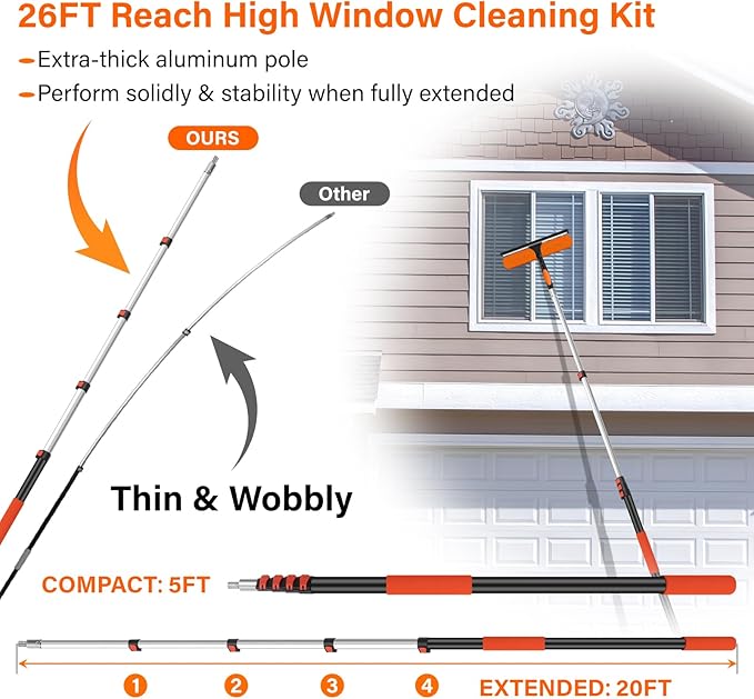 14" Window Squeegee with Extension Pole,26FT Reach High Window Washers for High Outside Windows,Professional Window Cleaning Tool Kit Include Replacement,180°Rotatable Squeegee for Indoor/Outdoor