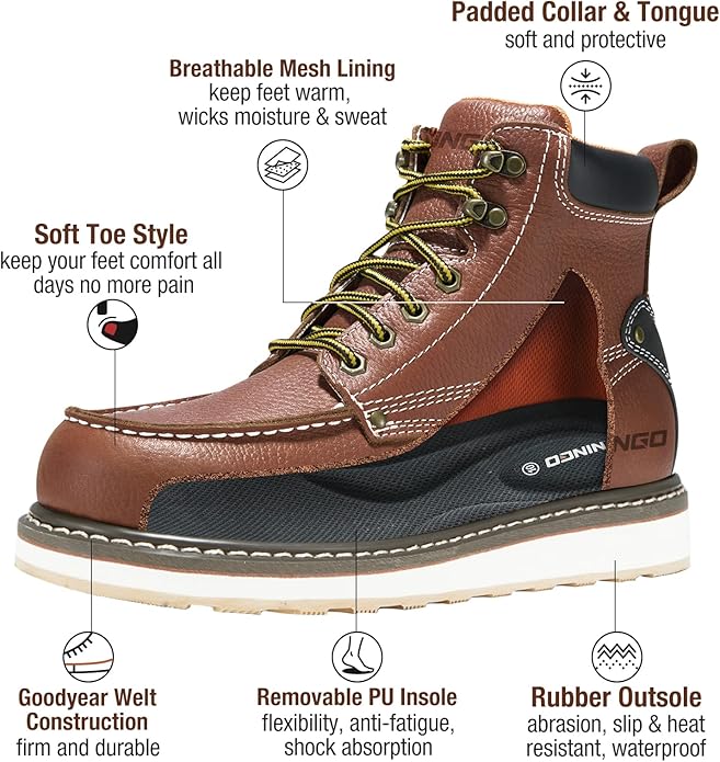 HISEA NINGO Work Boots for Men Steel/Soft Toe Boots,6” Water Resistant Slip Resistant Industrial & Construction Work Shoes, Composite Toe Working Boot