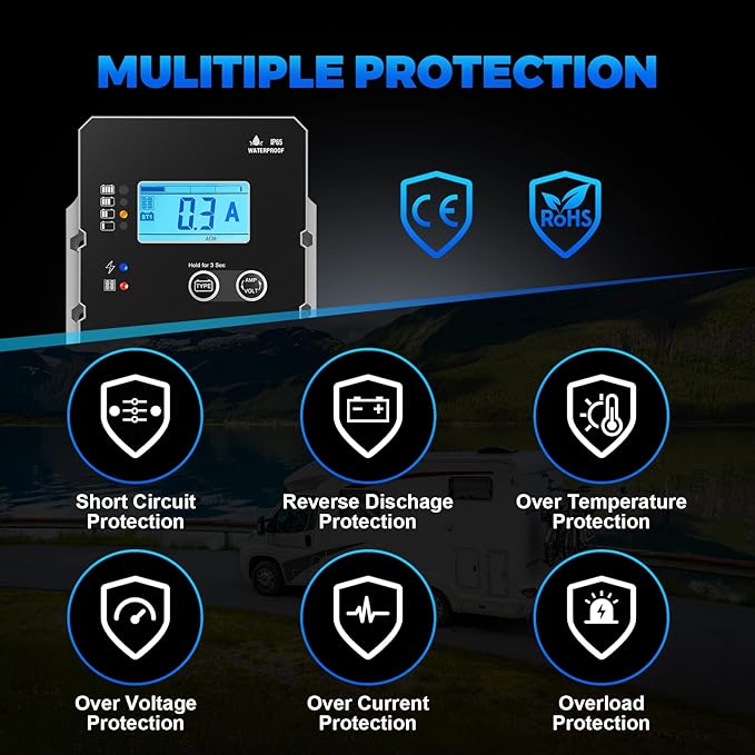 Solar Charge Controller Waterproof, 10A Super Thin Panel Battery Intelligent Regulator With LCD Display 12V/24V PWM Controller for LiFePO4, AGM, Gel, Flooded and Lithium Battery