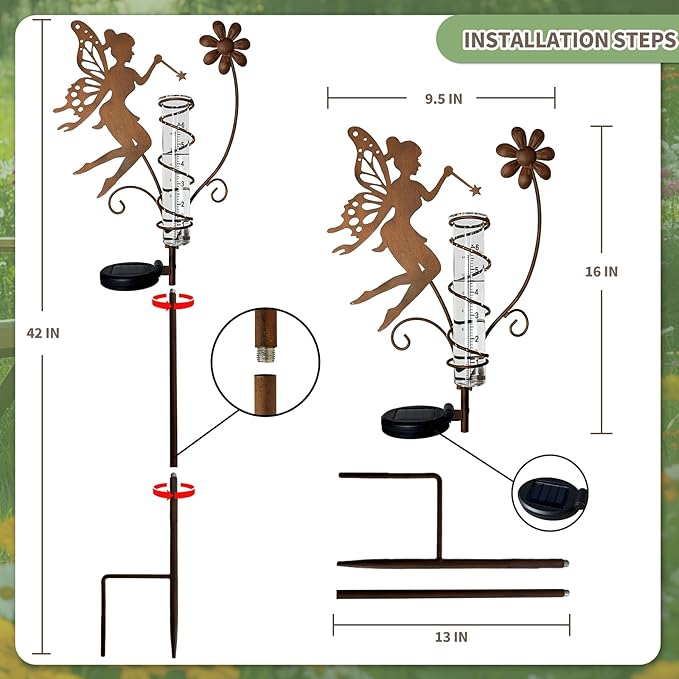 HONGLAND Rain Gauge Outdoor with Solar Lights - Metal Fairy Stakes & Replaceable Glass Tube - Garden Rain Gauge Decorations for Patio, Balcony, Yard, Lawn - Unique Holiday Gift Ideas