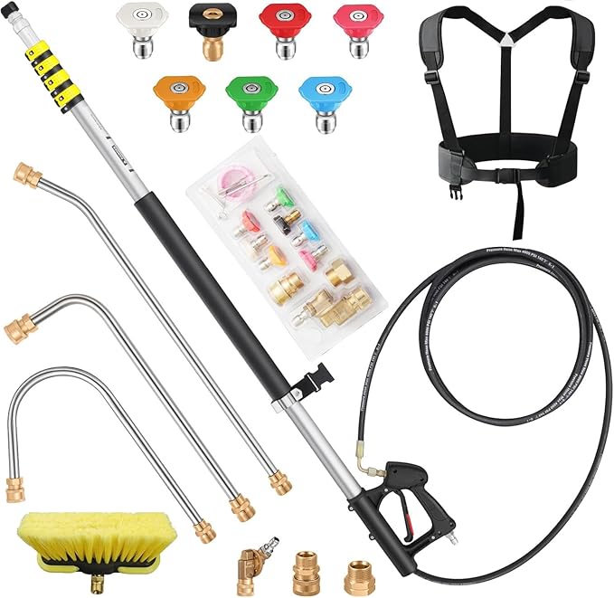 24 FT Telescoping Pressure Washer Wand Extension, Power Washer Extension Wand with Brush Head, 7 Nozzle Tips, 3 Adapters & Support Harness, Gutter Cleaning Tools for 2 Story House
