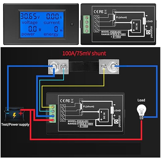 DC Battery Monitor Meter,0-100V,0-100A, Widely Applied to 12V/24V/48V RV/Car Battery, LCD Display, Digital Current Voltage Solar Power Meter (Meter+100A Shunt)
