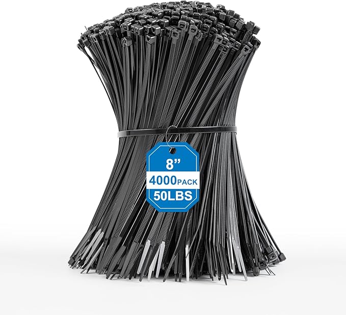 Black Zip Ties 8 Inch (4000 Pack),50lbs Tensile Strength,Heavy Duty Self-Locking Nylon Cable Ties, UV Resistant Flame Retardant Cable Ties for Indoor and Oudoor Use