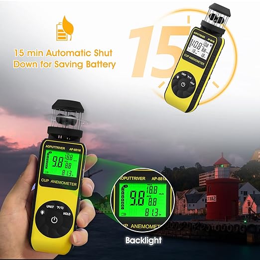 Anemometer Handheld, Wind Cup Meter with 360° Wind Direction, Wind Meter with Temp(℃/℉) Backlit for HVAC Vents, Boat Sailing, Shooting