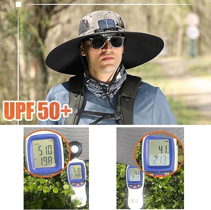 Solar Fan Hat,Wide Brim Sun Hat with 2 Solar Fan, Fishing Hat with Fan for Men, 3 Speed Adjustable Hat with Solar Fans Built in (Grey)