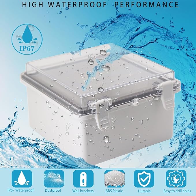 Waterproof Outdoor Electrical Box Junction Box Weatherproof IP67 ABS Plastic Enclosure Switch Router Project Box with Mounting Plate with Wall Bracket 2 Cable Glands Clear 5.9"x5.9"x3.5"