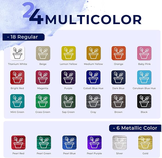 Ohuhu Outdoor Acrylic Paint for Metal, 24 Colors Paint Set, 2 oz./60ml Bottles for Artist, Beginners 18 Basic& 6 Metallic Acrylic Paints with 6 Brushes for Drawing, Waterproof Rich Pigments on Garden Statues, Woods, Rocks, Canvas, Glass, Fabrics, Last ...