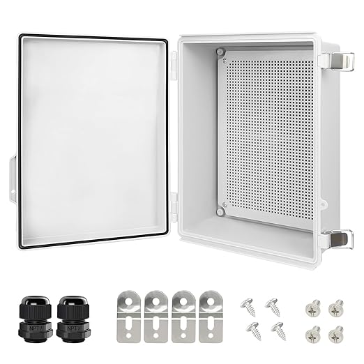 LeMotech Electrical Box, IP67 Waterproof Hinged Cover Stainless Steel Latch Junction Box, ABS Plastic Electrical Enclosure with Mounting Plate,Wall Brackets, Cable Glands, 13.8"x9.8"x5.9", Grey