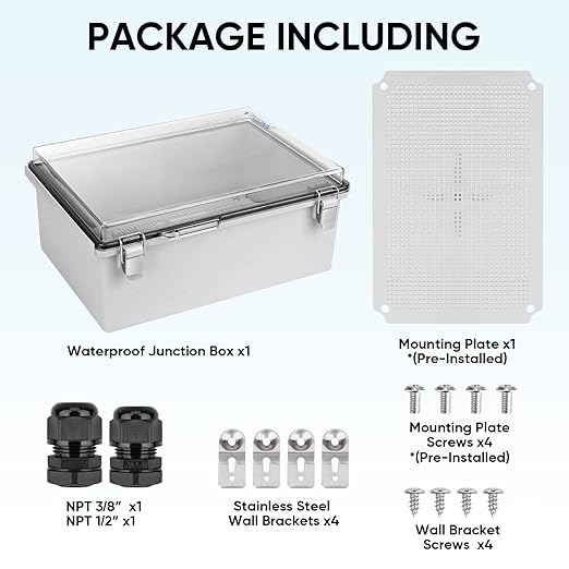 TICONN Outdoor Electrical Box Waterproof, Junction Box IP67 ABS Plastic Enclosure with Hinged Cover with Mounting Plate, Wall Brackets, Cable Glands (Clear, 13.8"x9.8"x5.9")