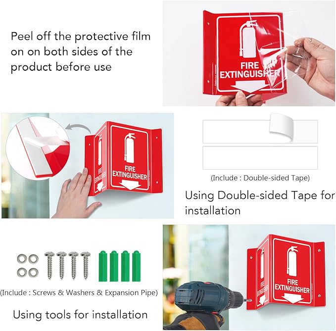 Faittoo Fire Extinguisher Sign, Fire Extinguisher with Down Arrow - 3 Pack 6 x 8 Inches V-Shaped Acrylic Plastic, 4 Pre-Drilled Holes, Includes Matching Screws, Use for Home Office/Business
