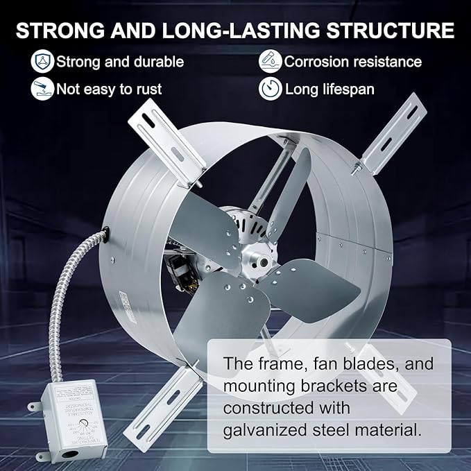 Criditpid 15" Gable Mount Vent Attic Fan, Exhaust Ventilation Fan with Adjustable Thermostat for Gable, Home, Shed, Garage, Portable Building, 3.4A, 1650CFM, 1075RPM, 2500 Sq.Ft Coverage Area.