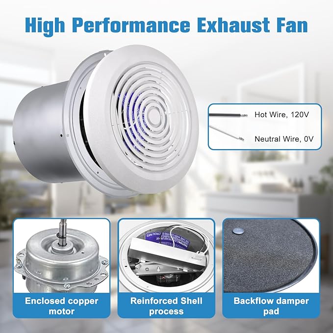 V2262-50 7 Inch Bathroom Exhaust Fan, 50 CFM Ceiling Exhaust Fan for 8" Rough-in Opening, 1.0 Sones Quiet Effective Ventilation for Bathroom, Kitchen, Laundry Room, Mobile Home
