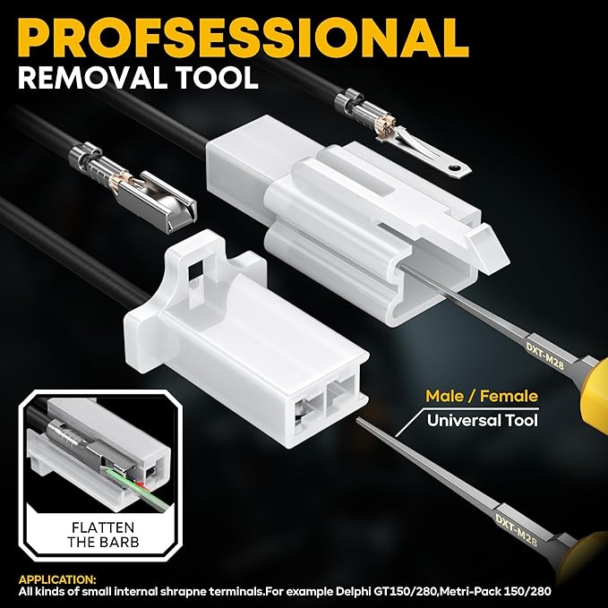 2.8 mm Automotive Connector Crimping Tool Kit, 2/3/4/6/9-Pin Male & Female Plugs, Ratcheting Crimper 24–14 AWG, Extractor Tools, Ring Terminals for Auto & Marine Harness Build & Repair