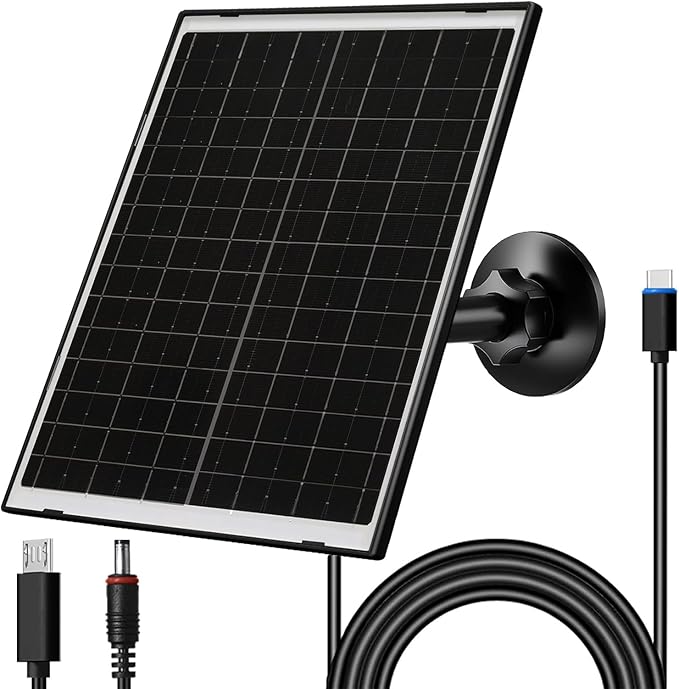 10W Solar Panel for Security & Trail Cameras, 5V Outdoor Camera Charger with USB-C Cable, DC 5.5x2.1mm & Micro USB Port, IP66 Waterproof with Adjustable Mount & 7.2FT Cable
