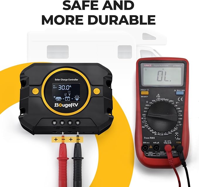 BougeRV Li 30A PWM Solar Charge Controller 12V 24V, with Backlit Display, USB Port, Negative Ground Battery Intelligent Regulator for Solar Panels Compatible with LFP, AGM, SLD, FLA, for RV, Off-Gird