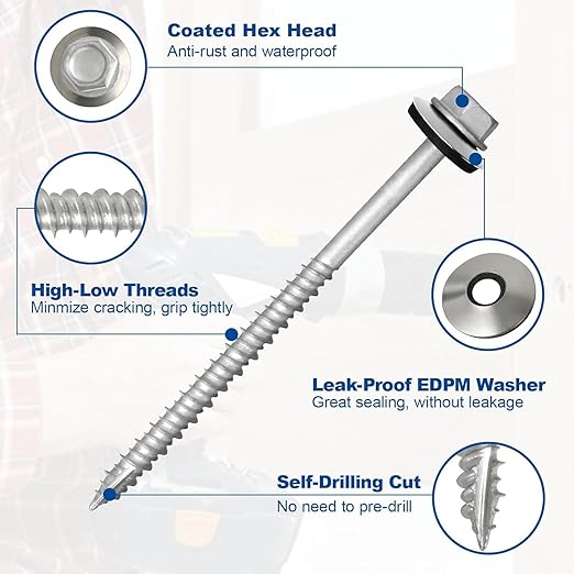 Metal Roofing Screws #10×3Inch, 1000-PCS, Hex Head Rustpert Coating Sheet Metal to Wood Siding Screw with EPDM Rubber Washer, Sharp Point, Hex Socket Included