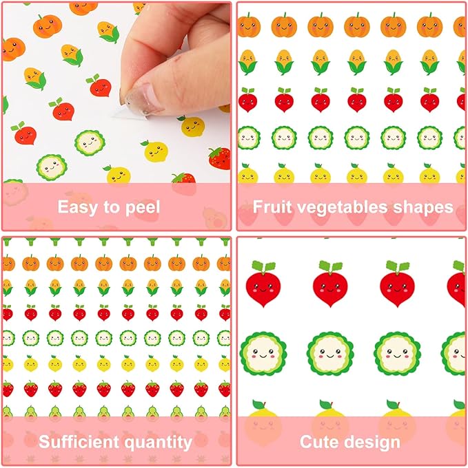 JarThenaAMCS 2400Pcs Mini Fruit Vegetable Sticker Smile Face Paper Decal 12 Cute Designs Adhesive Sticker for Planner Envelope Scrapbook DIY Supplies, 0.5 in