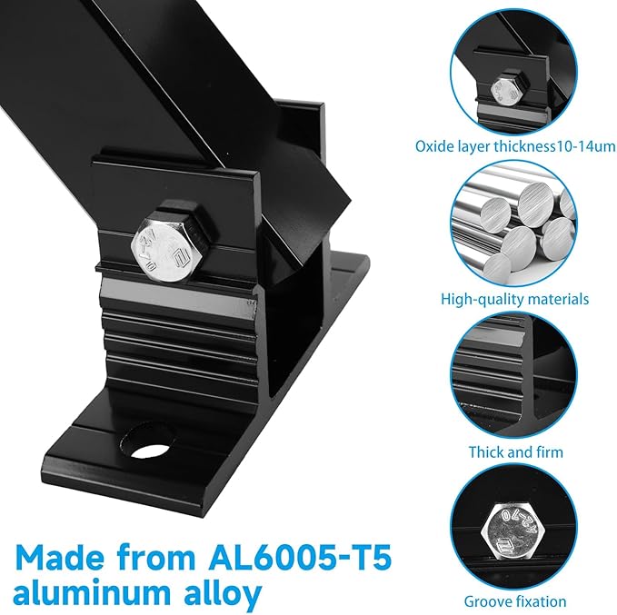 Adjustable Solar Panel Tilt Mount Brackets Aluminum Alloy Solar Panel Mounting Support up to 50 70 100 150 200 300 400 Watt Solar Panel for Flat Surface Roof RV Boat Off-Grid (Mount Only) Black