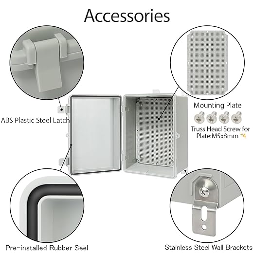 Junction Box IP65 Waterproof Electrical Box Outdoor ABS Plastic Project Box Hinged Shell Universal Enclosure Box with Mounting Plate, Wall Brackets, Cable Glands 11.4" x 7.5" x 5.5"