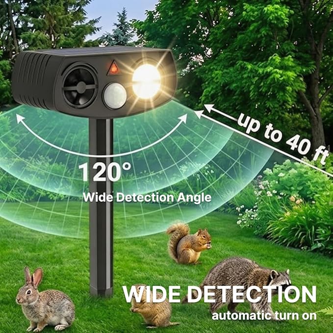 AWISH Solar Ultrasonic Animal Repeller Outdoor, Motion Sensor Waterproof Pest Deterrent, Raccoon Skunk Fox Squirrel Gopher Rabbit Dog Repellent for Yard Garden Farm, 40ft 120° Coverage, 2 Pack Black