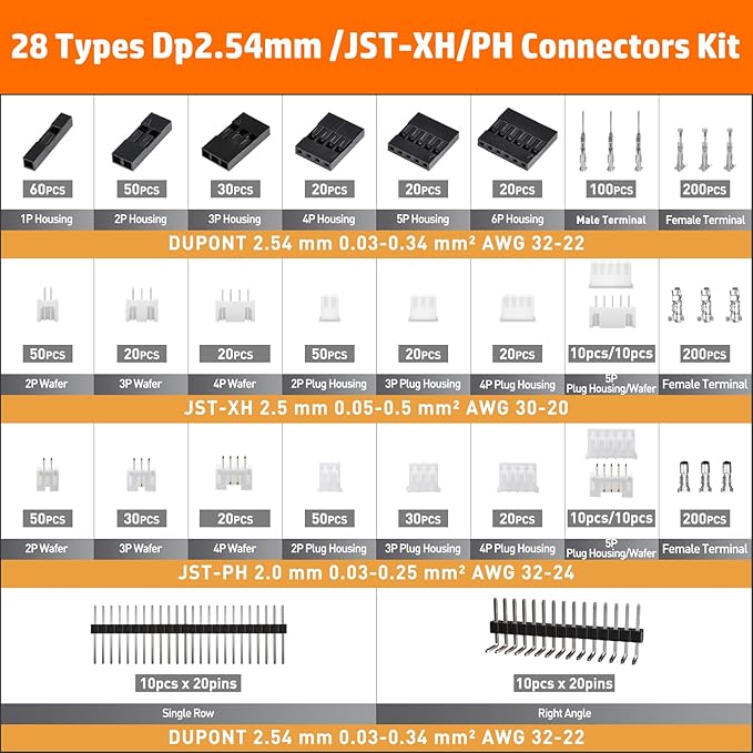 PEBA Crimping Tool and Dupont Connector Kit - 28 Types of Dupont 2.54 mm Connectors & Crimp Pins, 2.0 mm JST-PH & 2.5mm JST-XH Housings and Contacts, for DIY Electronics - Suitable for AWG 32-20 Wires