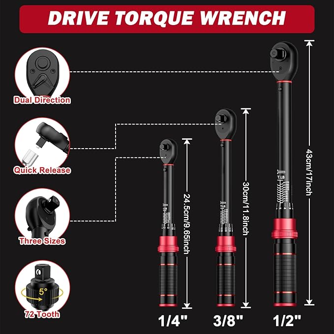 VANPO Torque Wrench Set 1/4, 3/8, 1/2-Inch Drive(20–240 in-lb, 5–45 & 10–170 ft-lb) Click Torque Wrenches Kit for Car, Motorcycle, Bike Repair - ±3% Precision, 72-Tooth, Dual Direction with Case
