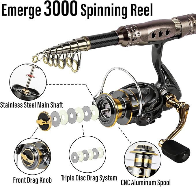 Dr.Fish Fishing Rod and Reel Combos 125-Pieces Telescopic Spinning Pole Reel Gear Equipment Set with Tackle Bag for Adult Collapsible Travel Complete Fishing Set Men Starter Freshwater Saltwater