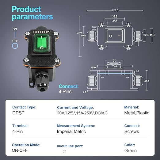 Waterproof On Off Toggle Switch Double Outlet with Green Light Rocker Button Inline Cord Switch DPST AC/DC 20A-125V,16A-250V,30A-24V,35A-12V, IP66