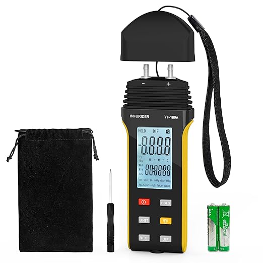 Manometer, Digital HVAC Gas Pressure Tester, Professional Air Pressure Meter, Handheld Gas Pressure Meter, 11 Selectable Units Differential Pressure Gauge YF-189A with Backlight