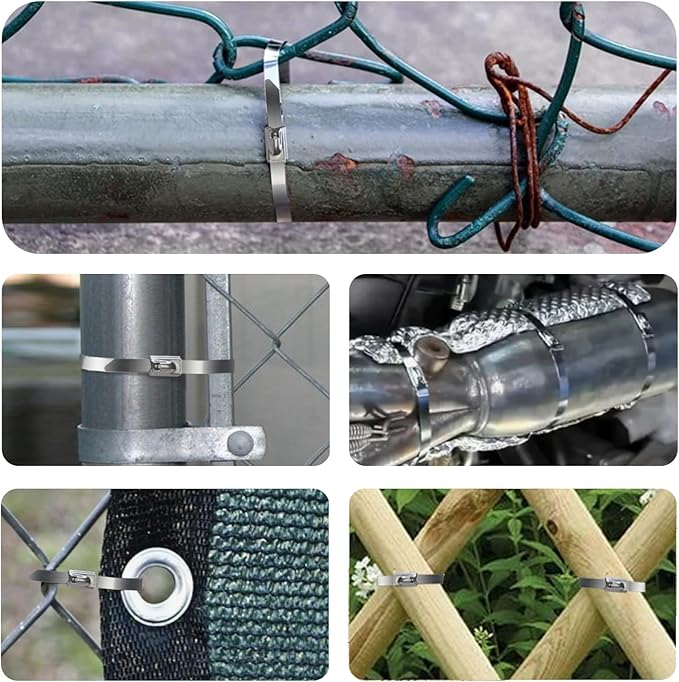 100 Pcs Metal Zip Ties 11.8 inch 304 Stainless Steel Zip Ties Heavy Duty Outdoor Multi-purpose Self-locking Cable Ties for Exhaust Wrap, Chain Link Fence, Machinery, Vehicles,Farms, Pipes