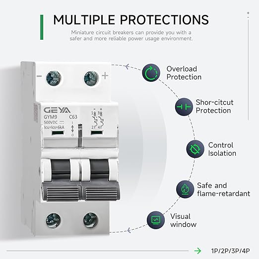 GEYA DC Miniature Circuit Breaker, 2 Pole 500V 50 Amp DC Disconnect Switch, Isolator for Solar PV System,Thermal Magnetic Trip, DIN Rail Mount (GYM9DC-2P-C50)
