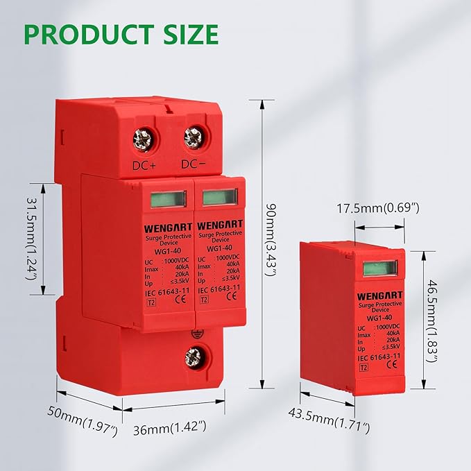 Wengart Surge Protective Arrester Device,DC1000V 2P 20-40kA 36mm DIN Rail Mount,Low Voltage Arrester Device for Lightning Protection Power Distribution and Control Appliances
