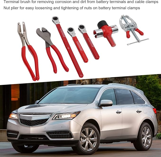 Battery Service Tool Kit, 7pcs Battery Terminal Puller Steel Battery Plier High Strength Battery Terminal Spreader Auto Repair Tool With 5/16in Wrench 10mm Wrench for Battery Maintenance