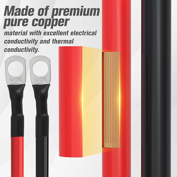 6 AWG Battery Cable 6AWG Gauge Battery Inverter Cables for Automotive Solar Marine Boat RV Car Motorcycle (6 AWG, 20in, 3/8")