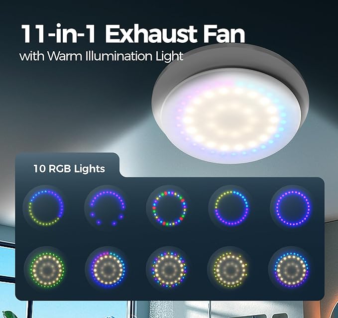 Bathroom Exhaust Fan with Light, 10 RGB Lights Upgraded 2 Way 6 Speed Bathroom Fan with Light & Remote DC Motor 3000 RPM Energy Saving Household Ventilation Fans for Attic Basement Garage P208A