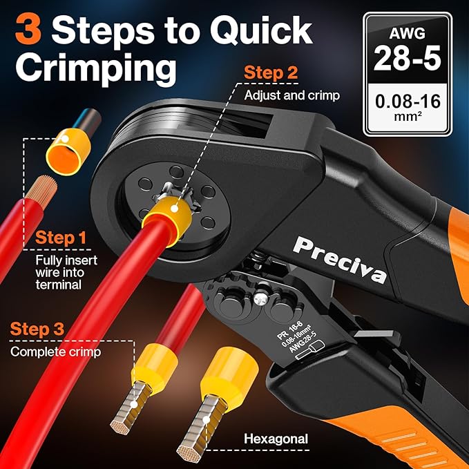 Preciva Ferrule Crimping Tool Kit - AWG 28-5 Hexagonal Ferrule Crimper with Automatic Wire Stripper and 1375Pcs Single/Twin Ferrule Connectors, Self-Adjustable Ratchet Ferrule Terminals Crimping Tool