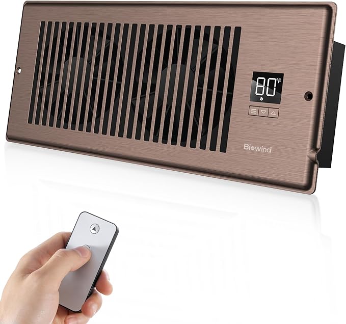 Quiet Register Booster Fan Fits 4" x 12" Register Holes, 10-Speed Smart Heating Cooling AC Vent Fan with Remote Control and Thermostat Control - Bronze