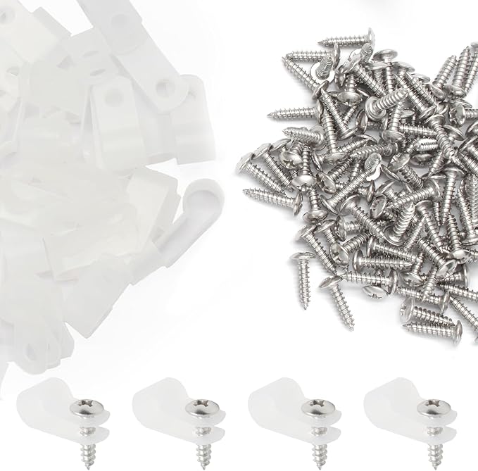 50 Pcs 1/3 Inch White Nylon Screw Mounting R-type Cable Clip Wire Clamp, 8.4mm Cable Clip Wire Clamp for Wire Management, Stainless Steel Screws Included