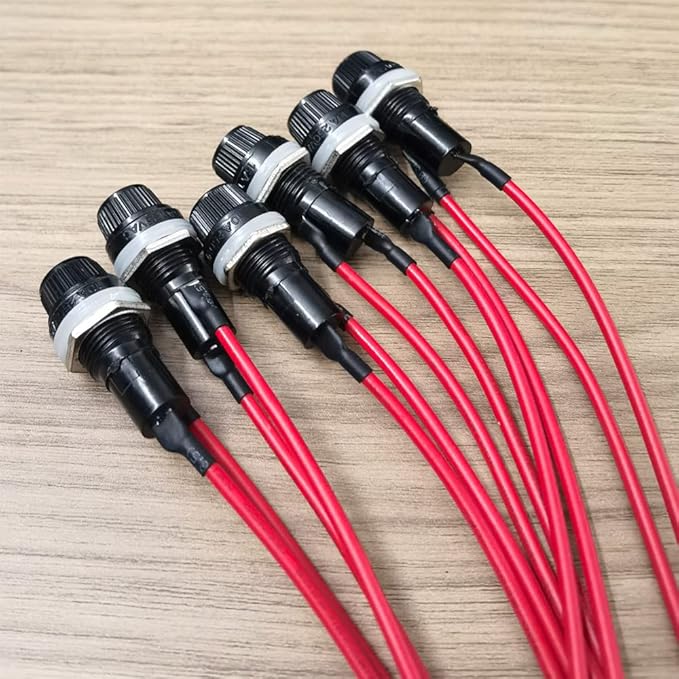 Pre-Wired Panel Mounted Screw Cap Fuse Holder - 6pcs, 5 x 20mm, AC 10A 250V, Black