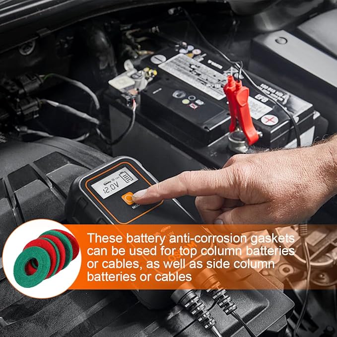 Car Battery Terminal Washer Pad, 12PCS Anti Corrosion Vehicle Battery Top & Side Terminal Protector, Automotive Fiber Shim Cleaning Accessories, Universal for SUV Sedan Truck (Red/Green)