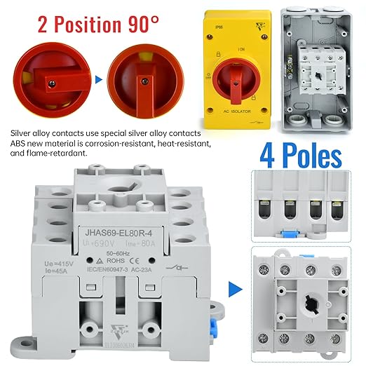 80 Amp Disconnect Switch 690V AC IP66 Waterproof 80A Isolation PV Disconnect On Off Combiner Box 4 Pole Combiner Box for PV Systems