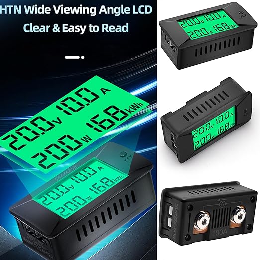 DC Battery Monitor Meter,0-100V,0-100A, Widely Applied to 12V/24V/48V RV/Car Battery, LCD Display, Digital Current Voltage Solar Power Meter (Upgrade Meter(Built-in 100A Shunt))